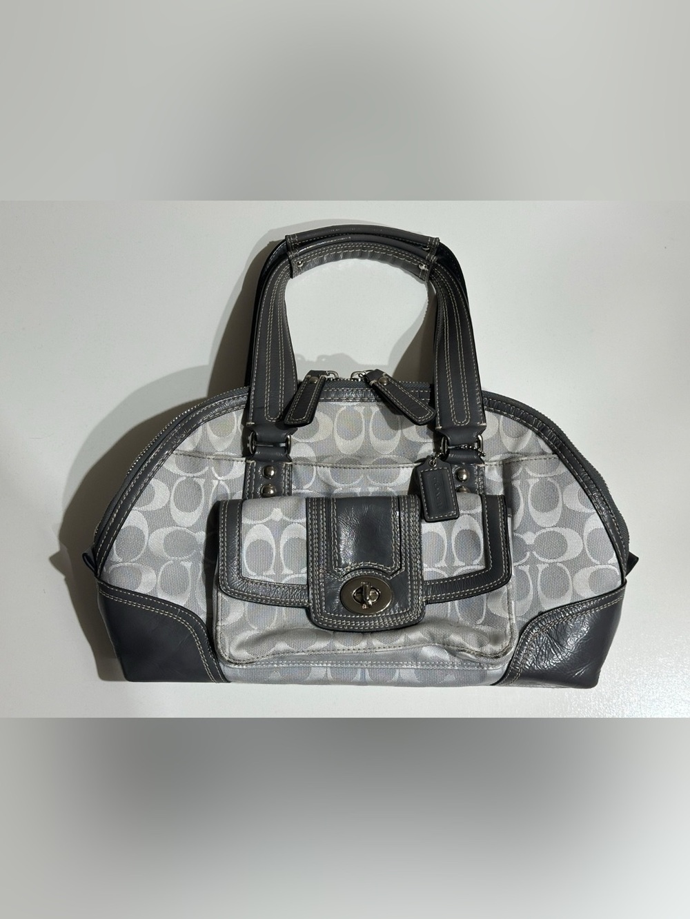 Coach Hampton Signature Leather Domed Satchel Bag D1093-F13977 Monogram Gray